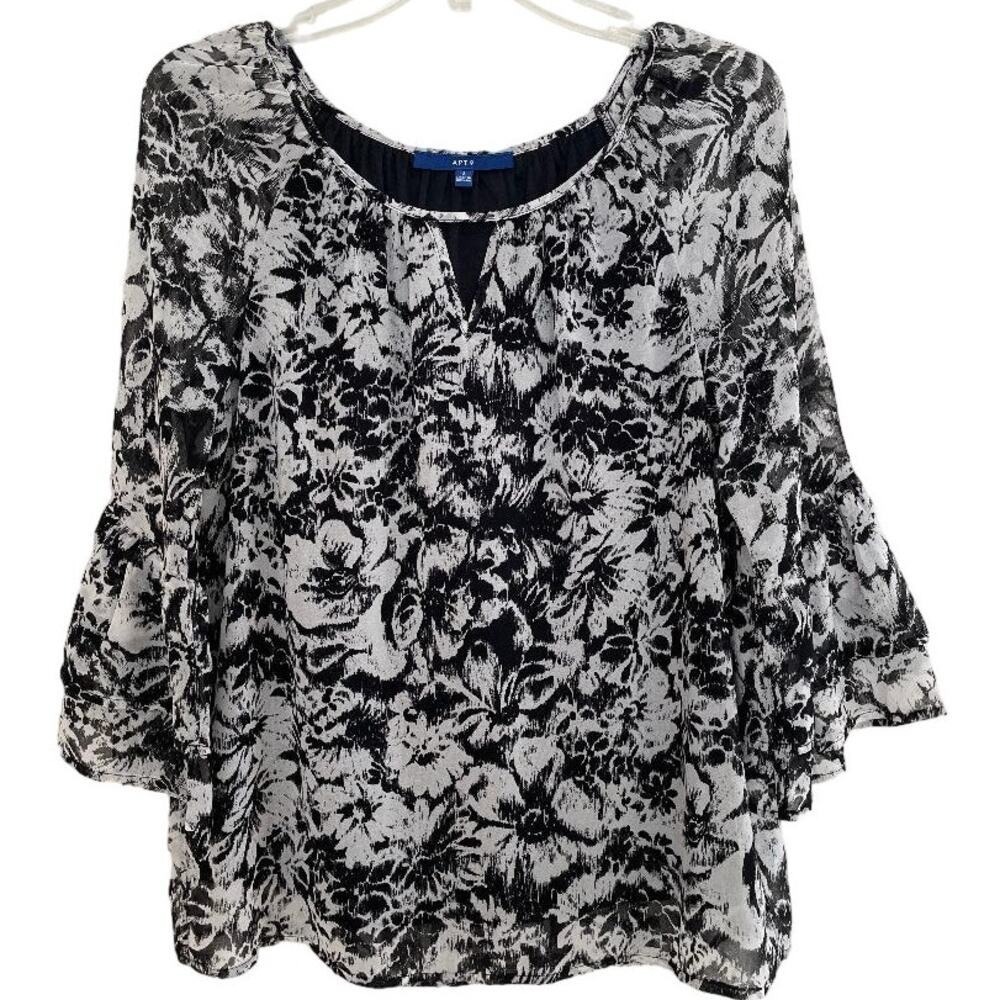 Apt. 9 Womens Black White Floral Chiffon Blouse Tiered‎ Bell Sleeve Small